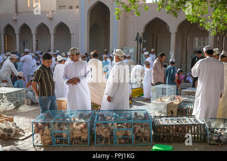 Nizwa, Oman, 21. September 2018: omani Männer an den Vogel markt Stockfoto