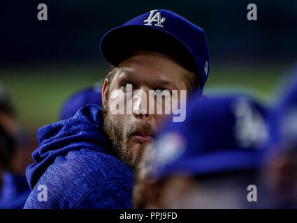 Clayton Kershaw. Baseball Aktion während der Los Angeles Dodgers Spiel gegen San Diego Padres, das zweite Spiel der Major League Baseball in Serie Stockfoto