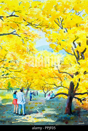 Malerei Aquarell Landschaft original gelb orange Farbe von Golden Tree Blumen, und Liebhaber paar Mann, Frau, Familie, Reisen. Von Hand bemalt, blauer Himmel Stockfoto