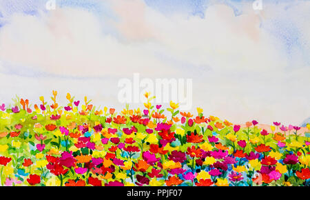 Malerei Aquarell Landschaft original bunte von Daisy Blumen im Garten mountain Hill und blue sky Cloud Hintergrund. Hand gemalte Illustration beau Stockfoto