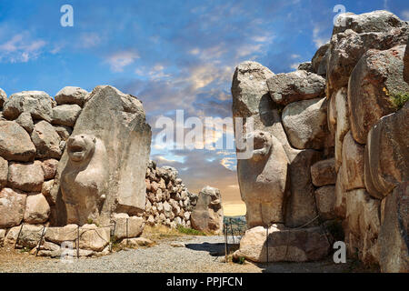 Hethiter lion Skulptur des Lion's Gate. Hattusa (auch Ḫattuša oder hattusas) spät Anatolischen Bronzezeit Hauptstadt des hethitischen Reiches. Hethiter Stockfoto