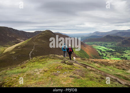 Zwei Wanderer und Ihren Hund zu Fuß in Richtung Ard Klippen von Knott Rigg, Lake District, Cumbria, Großbritannien Stockfoto