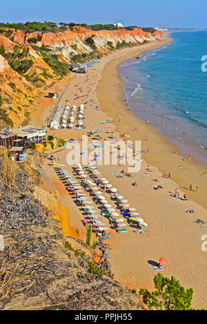 Die wunderschönen goldenen Sandstrand von Praia de Falésia erstreckt sich über sechs Kilometer von Vilamoura nach Olhos d'Agua, in der Region Algarve in Portugal. Stockfoto