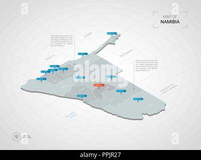 Isometrische 3D-Namibia Karte. Stilisierte Vektorkarte Abbildung mit Städten, Ländergrenzen, Kapital, administrative divisions und Zeiger markiert; Gradient backgr Stock Vektor