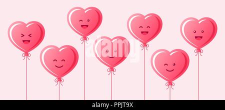 Luftballons Herz mit Augen und Mund in verschiedenen Gesichtsausdrücke in Cartoon Illustration Stock Vektor