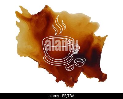 Kaffeetasse mit Logo mit Kaffeebohnen Umrisse auf verschüttetem Kaffee Hintergrund Vector Illustration auf weißem Hintergrund Stock Vektor