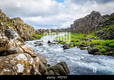 Fluss in der Nähe der tektonischen Platten in Island, Golden Circle Stockfoto