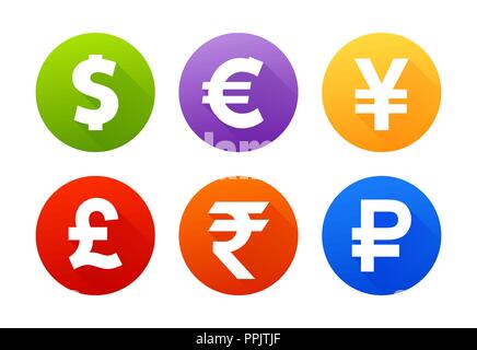 Währung flachbild Vektor Symbol gesetzt. Symbole mit Bildern von verschiedenen Ländern Währungen Dollar, Euro, Pfund Sterling, Yen, Yuan unterzeichnen, Stock Vektor