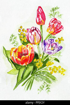 Von Hand bemalt einen großen Blumenstrauß aus Tulpen, Mimosen, Blumen und Dekorationen in Aquarell gemalt gemalt Stockfoto