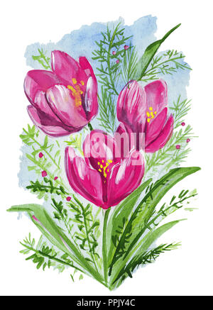 Hand gezeichnet Marker und Farben Blumenstrauß aus Tulpen und Mimosa mit Blätter im Hintergrund Stockfoto