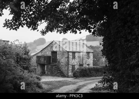 Schwarz und Weiß der alten Scheune / Cornish Cottage auf einer schmalen Cornish Lane mit mit seitlichen Treppe zum ersten Stock Tür. Stockfoto