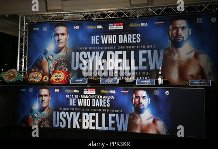 Das Setup während der oleksandr Usyk und Tony Bellew Pressekonferenz in Manchester, UK. Bild Datum: 24. September 2018. Bildnachweis: Stockfoto