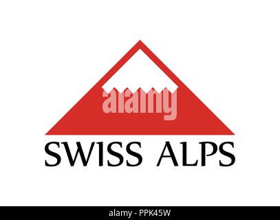 Schweizer Alpen, Vector Logo Illustration mit Beschriftung auf weißem Hintergrund. Stock Vektor