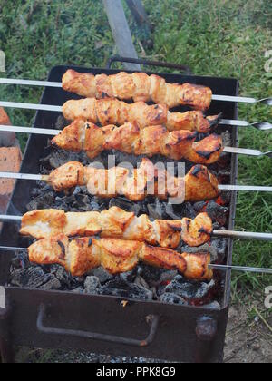 Die Küche der Türkei Fleisch auf den Kohlen. Chargrille. Shish Kebab am Spieß. Das Kochen. Stockfoto