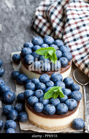 Zwei mini Schokolade Käsekuchen mit frischen Heidelbeeren auf hölzernen Tisch Stockfoto
