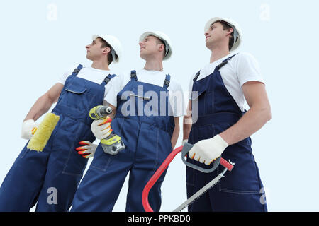 Gruppe von professionellen Industriearbeiter. Über weiß Isoliert Stockfoto