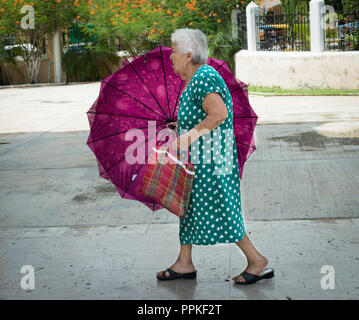 Mexikanische Alte Dame im grünen Kleid mit weißem Polka-Punkt, farbenprächtigem rosa Regenschirm und typischer mexikanischer Einkaufstasche. Cholul, Yucatan, Mexiko. Stockfoto