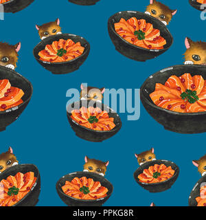 Lachs-sashimi Schüssel und süße Katze Peeking Aquarell. Abbildung: Nahtlose Hintergrund. Stockfoto