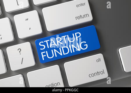 Start Konzept der metallischen Tastatur mit Startup Finanzierung auf blauem Hintergrund, die Eingabetaste drücken, um den ausgewählten konzentrieren. 3D-Render. Stockfoto