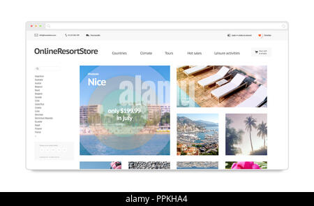 Reisen resort Webstore Website Vorlage mockup isoliert, 3D-Rendering. Buchen Ferienhäuser Seite Schnittstelle mock up. Internet Website Vorlage. Computer web store-Layout für den Computer angezeigt. Stockfoto