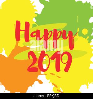 Vector Illustration. Die Inschrift des happy2019 auf bunte Flecken Stock Vektor