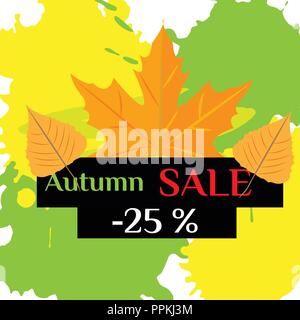 Vector Illustration. Herbst Sale mit gelben Blätter auf farbigen abstrakten Flecken Stock Vektor