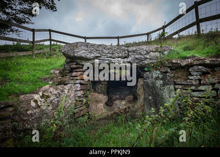 Bryn yr Hen Bobl neolithische Grabkammer, in der Nähe von Plas Newydd, Anglesey, Wales, Großbritannien Stockfoto