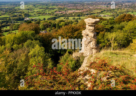 Rote Herbstbeeren und der Teufelskamin auf dem Leckhampton Hill mit Blick auf Cheltenham Spa, Gloucestershire, England Stockfoto