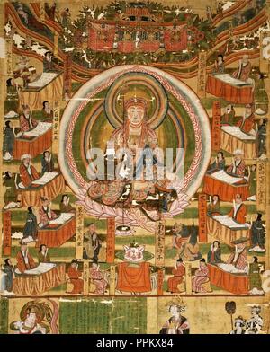 Bodhisattva Kshitigarbha und Die zehn Könige der Hölle. X Jahrhundert, Dunhuang, Musée Guimet, Paris. Stockfoto