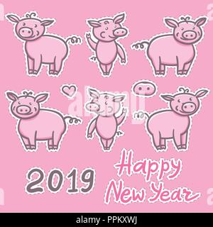 Eingestellt von Schweinen cute doodle Bleistift Hand zeichnen. Beschriftung Aufkleber Frohes neues Jahr. Chinesische Jahr Zeichen ferkel 2019. Vector Illustration isoliert auf rosa Hintergrund. Stock Vektor