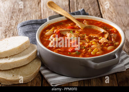 Köstliche amerikanische Küche Brunswick Eintopf aus Fleisch mit Gemüse, Gewürzen und Barbecue Sauce close-up auf dem Tisch. Horizontale Stockfoto