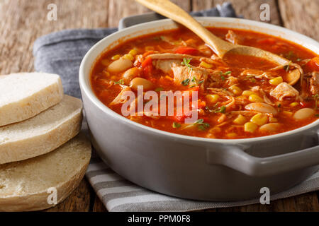 Brunswick Stew ist ein beliebtes Gericht im Süden von Amerika, aus Fleisch mit Gemüse, Gewürzen und Barbecue Sauce close-up auf dem Tisch. Horizontale Stockfoto