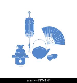 Ost neues Jahr Symbole. Chinesische Laterne, Wasserkocher mit zwei Tassen, Ventilator, Kagami mochi. Festliche Traditionen der verschiedenen Länder. Stock Vektor