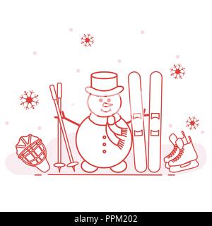 Winter im Freien genießen können. Schneemann mit Ski- und Hockey Ausrüstung. Vektor cartoon Skifahrer Symbol. Design für Werbung von aktiven Lebensstil. Stock Vektor