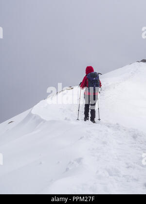 Eine weibliche Wanderer nähert sich dem Gipfel des Ben Vorlich, in der Nähe von Loch verdienen, an einem klaren Wintertag in Schottland Stockfoto