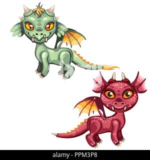 Satz von niedlichen geflügelte Drachen rote und grüne Farbe auf weißem Hintergrund. Vektor cartoon Close-up Abbildung. Stock Vektor