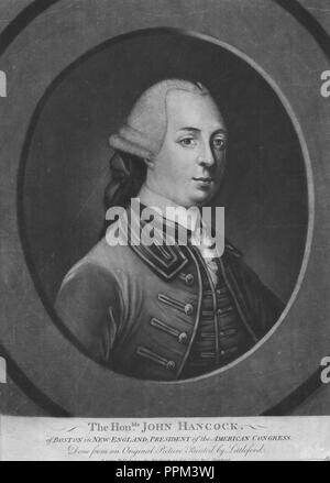 Graviert Portrait von John Hancock, Unterzeichner der Unabhängigkeitserklärung der Vereinigten Staaten von Amerika und Präsident der Zweite Kontinentale Kongress, ein amerikanischer Kaufmann und Staatsmann in Braintree, Massachusetts, 1832. Von der New York Public Library. () Stockfoto