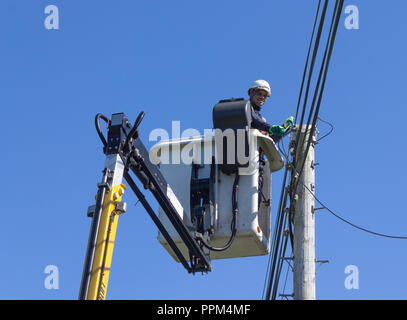 Techniker an einem Mobile Hebebühne Installation von LWL-Kabel auf einem telegrafenmast. Stockfoto