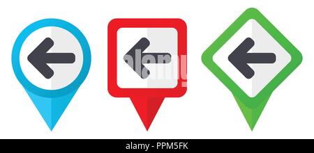 Pfeil nach links rot, blau und grün Vektor Zeiger Symbole. Set aus bunten Standortmarkierungen auf weißem Hintergrund leicht zu bearbeiten. Stock Vektor