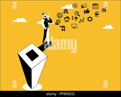 Mann auf dem Block die Verbreitung des Marketing Aktivität mit verschiedenen sozialen Symbole durch die Verwendung von Hand mic Lautsprecher fliesst Stock Vektor