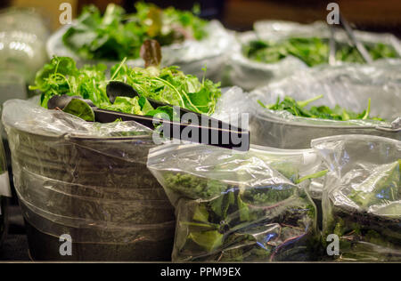 Behälter mit Salat mix auf einer Co-op-Regal. Bauernhof direkt in Oregon. Stockfoto