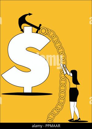 Frau Jagd der Dollar mit Schiff Anker Stock Vektor