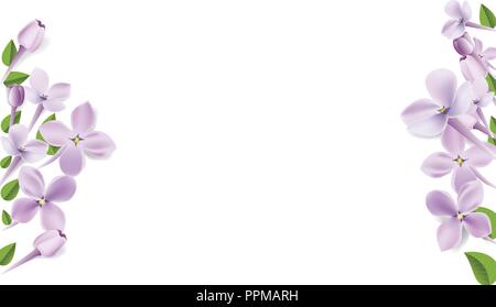 3d realistische floral Rahmen oder einer Illustration für Ihre Werbung Layout mit weißen leeren Hintergrund. Vektor Lila Lila Blüten, Blätter und Blüten Abbildung. Stock Vektor