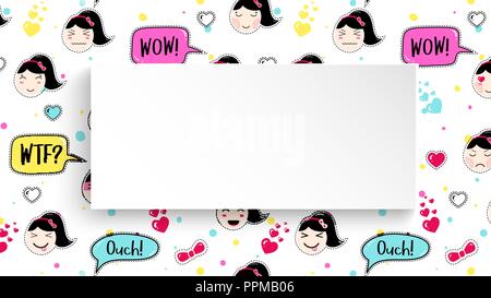 Mädchen Banner mit Anime emoji Muster. Süße Aufkleber mit emotico Stock Vektor