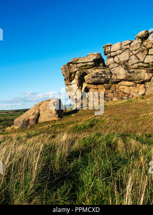 Almscliff Crag Mühlstein grit Felsvorsprung in der Nähe von Harrogate, North Yorkshire England Stockfoto