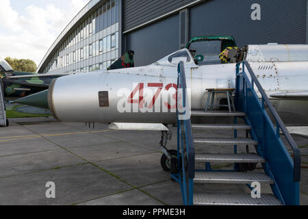 Ex-DDR-Luftwaffe MiG-21PFM Fishbed-F auf der Aviodrome Aviation Theme Park. Stockfoto