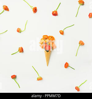 Waffel Kegel mit orange buttercup Blumen auf weißem Hintergrund, Flachbild-lay Stockfoto