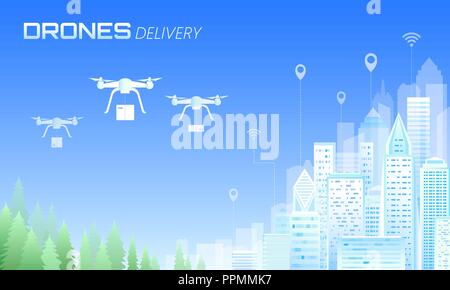 Drone "Lieferung Ökologie freundliche Stadt. Quadcopter Fernbedienung grüne Energie. Eco business Transport Luftfracht Konzept. Moderne Skyline im Hintergrund Vector Illustration Stock Vektor