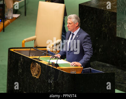 New York, USA - 26. September 2018: Präsident von Kuba Miguel Diaz-Canel spricht am 73. Tagung der VN-Generalversammlung am Sitz der Vereinten Nationen Quelle: Lev radin/Alamy leben Nachrichten Stockfoto