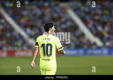 Leganes, Madrid, Spanien. 26 Sep, 2018. Lionel Messi (FC Barcelona) reagiert während des La Liga Match zwischen CD Leganes und FC Barcelona im Butarque Stadion in Leganes. Credit: Manu Reino/SOPA Images/ZUMA Draht/Alamy leben Nachrichten Stockfoto